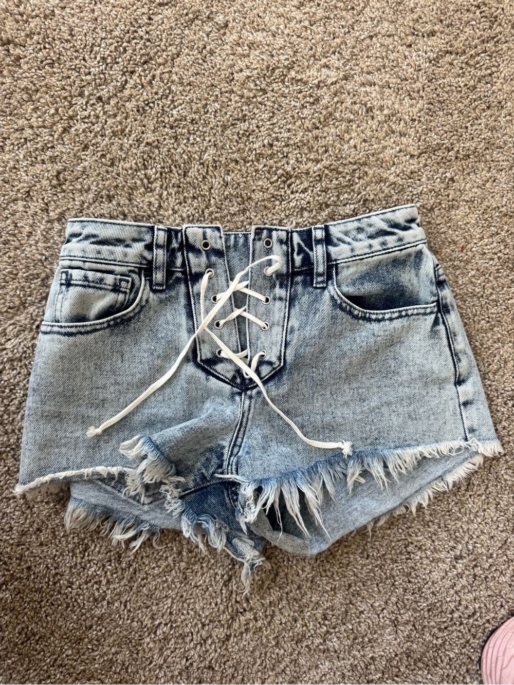 PacSun Lace-Up Light Blue Distressed Denim Shorts, 23